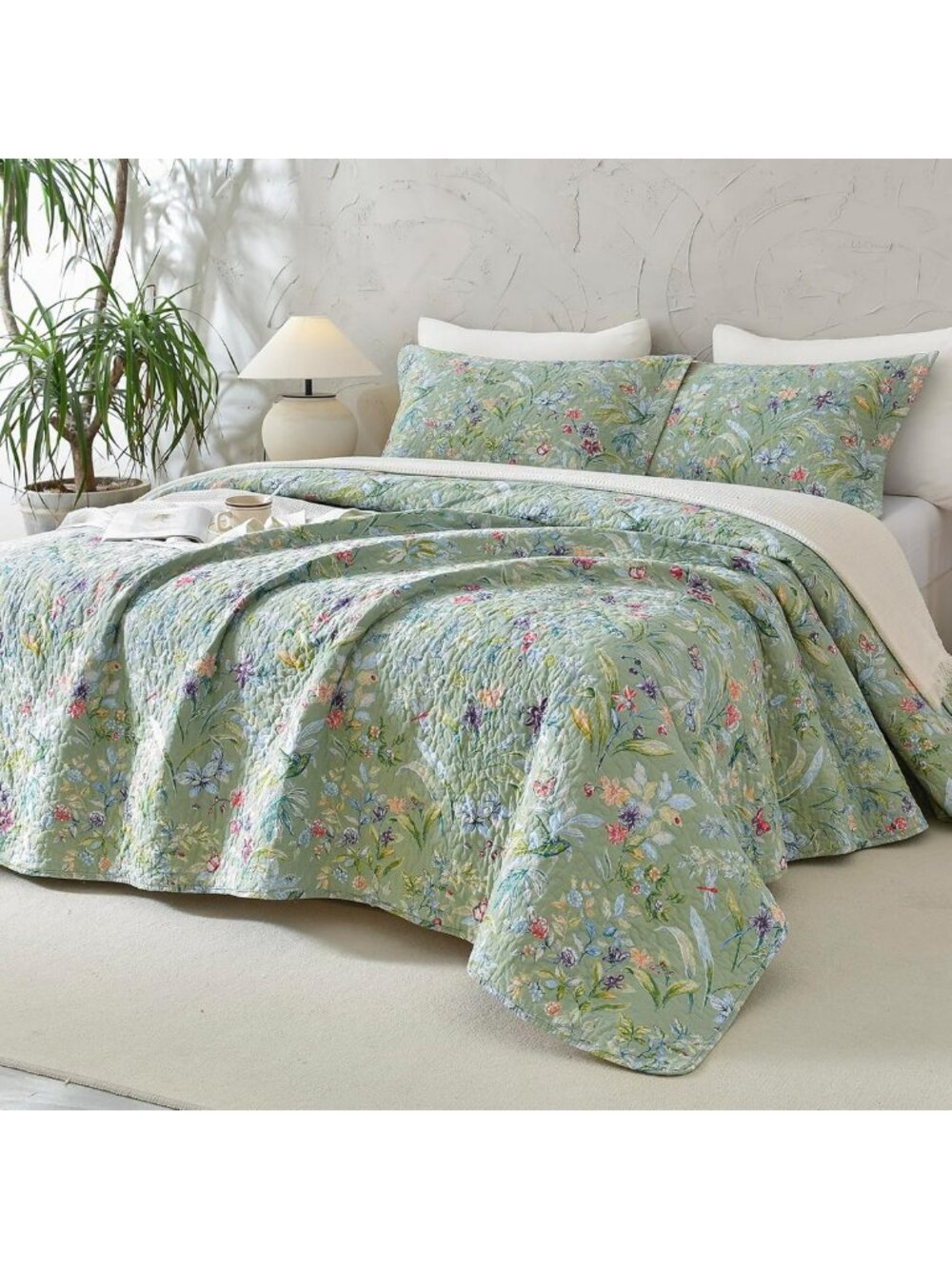 Green Floral 100% Cotton King Quilt Set - Vintage Botanical Bedding, Soft